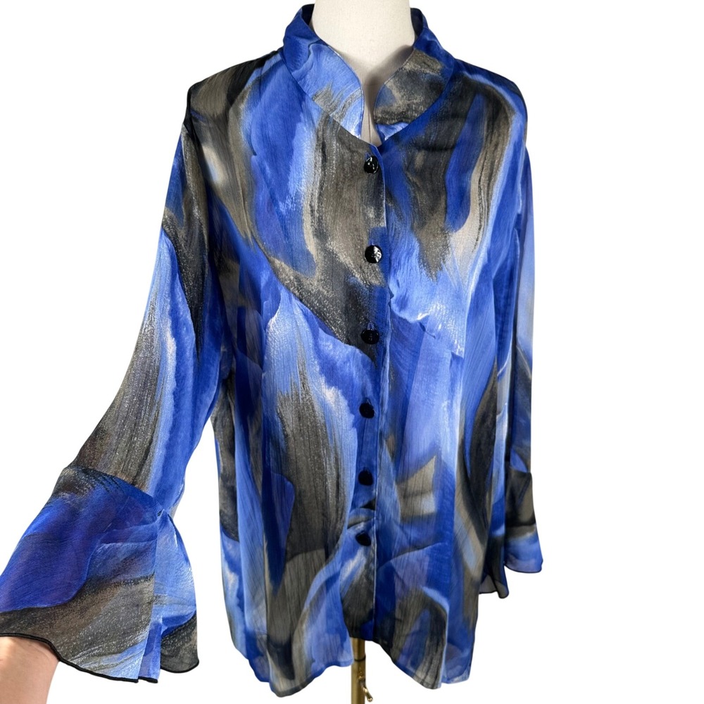 Caroline Rose Shirt Women 1X Blue Abstract Chiffon Lightweight Button Down Top